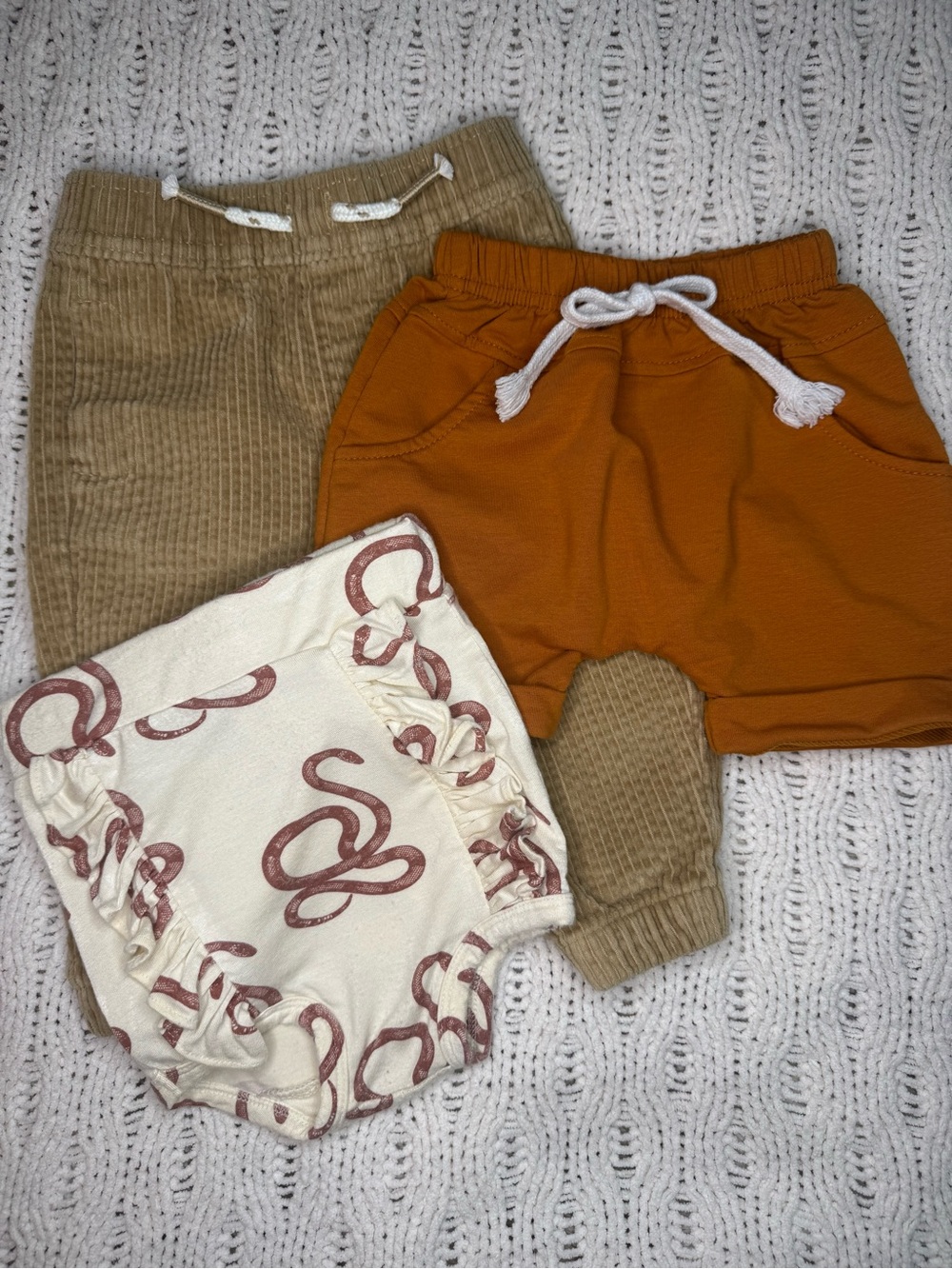 Neutral Set - Tan Corduroy Pants, Rust Shorts & Kate Quinn Printed Bloomers